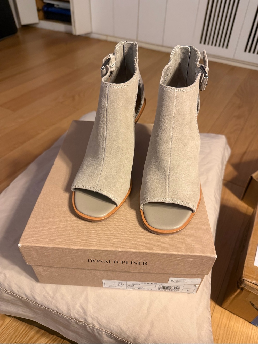 Donald J. Pliner Open-Toe Suede Mules in Light Gray and Tan